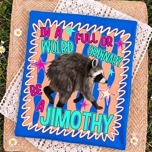 May include: A bright blue t-shirt featuring a central graphic of a raccoon. The design includes orange and blue wavy stripes, pink and teal stars, and the text: IN A FULL OR WOLRD ORDINARY BE A JIMOTHY. The lettering is in teal and pink.