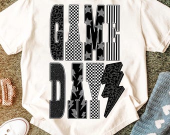 Game Day PNG, Black White Game Day Shirt Design, Checkered Star Football PNG, Retro Sports Sublimation Download
