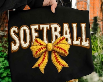 Yarn Softball Bow PNG, Cozy Knit Softball PNG, Faux Crochet Sports Design, Softball Mom Sublimation, Game Day Digital Download