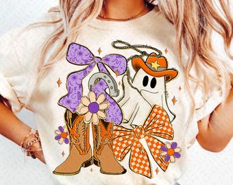 Western Halloween Ghost Coquette Png, Cowgirl Halloween Shirt Design, Girly Fall Pumpkin Sublimation, Floral Checker Ghost Bow Png