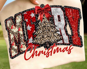 Coquette Merry Christmas PNG, Checkered Star Leopard Letters Design, Faux Glitter Holiday Png, Christmas Tree PNG, Disco Xmas Sublimation