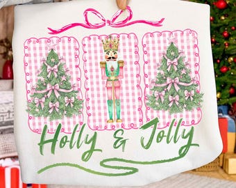 ホリージョリーセージ/ピンクプレッピークリスマスくるみ割り人形PNG、コケットリボンホリデーデザイン、シャツ用のキュートガーリークリスマスパステル水彩デザイン