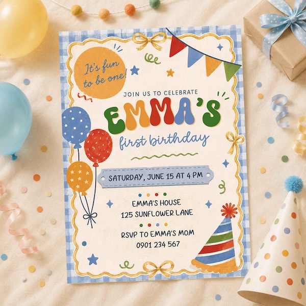 Puede incluir: Una invitación de cumpleaños con un borde de cuadros azules. La invitación dice "EMMA'S first birthday" en letras coloridas. La invitación incluye la fecha, la hora y el lugar. También se incluyen globos, un gorro de fiesta y otras decoraciones festivas.