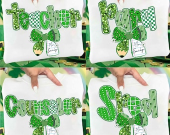 St Patrick Teacher PNG Bundle SPED Para Educator Counselor Lucky Shamrock Green Clover Pencil Coquette Bow Irish Classroom Shirt DTF Staff
