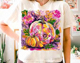 Jesienna kwiatowa dynia Png, Boho kwiatowa jesienna koszula sublimacyjna, dziewczęce jesienne klimaty Png, Preppy jesienne pociągnięcia pędzlem Png, różowy sezon dyni Png