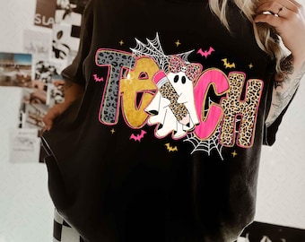 Spooky Teacher Halloween Png, Teacher Halloween Shirt Design Png, Pink Leopard Ghost Teacher Png, Trick Or Teach Png, Teacher Pencil Bow