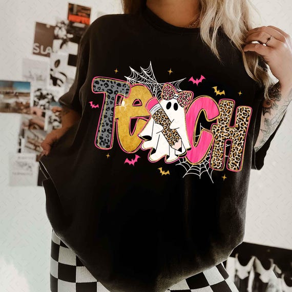 Spooky Teacher Halloween Png, Teacher Halloween Shirt Design Png, Pink Leopard Ghost Teacher Png, Trick Or Teach Png, Teacher Pencil Bow