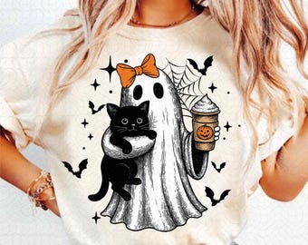 Pumpkin Spice Ghost PNG-sublimatieontwerp schattig Halloween-spook met kat herfst koffie clipart grappig spookachtig seizoen shirt downloaden