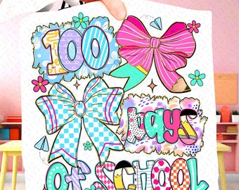 100 días de colegio (Png), lápiz con lazo coqueto (Png), camisa de profesor/a/a y estudiante (Png), purpurina a cuadros (Png), 100 días preppy (Png), descarga digital