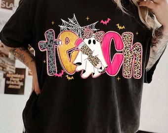 Spooky Teacher Halloween Png, Teacher Halloween Shirt Design Png, Pink Leopard Ghost Teacher Png, Trick or Teach Png, Teacher Pencil Bow