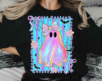 Fantasma iridiscente de coqueta preppy, PNG, camiseta de Halloween, PNG de Halloween femenino, PNG de calabaza fantasma, PNG de fantasma lindo, diseño de Halloween Boo