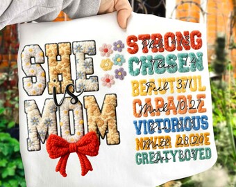 She is Mom Png, Floral Faux Yarn Mama Png, Latch Hook Yarn Christian Mother's Day Design, Coquette Bow Digital Download