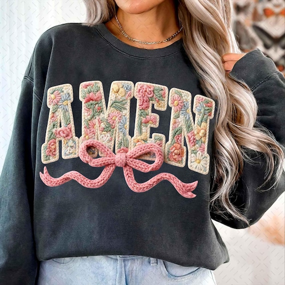 Coquette Amen Faux Yarn Crochet Png, Floral Christian Knitted Shirt, Retro Floral Religious Sublimation, Boho Cottagecore Digital download