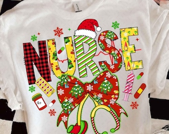 Christmas Nurse PNG, Holiday Nurse Shirt Design, Cute Festive Nurse PNG, Stethoscope Bow PNG, Santa Hat Png, Sublimation Design