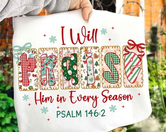 I Will Praise Him In Season PNG, Coquette Christian Christmas Png, Preppy Bow Retro Christmas Tree Design, Hand Drawn Gingham Tartan Doodle