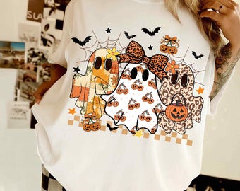 Trendy Floral Leopard Pumpkin Ghost PNG, Halloween Girly Ghost Sublimation, Retro Checkered Ghosts PNG, Spooky Fall Shirt, Digital Design
