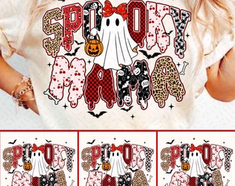 Spooky Mama Halloween Bundle Png, Spooky Letters Png, Leopard Checker Cherry Print, Red Black, Ghost Spooky Png, Preppy Halloween Mama Png