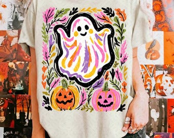 Fantasma de Halloween preppy PNG, Fantasma coqueto y adorable PNG, Temporada espeluznante floral PNG, Diseño de camiseta de Halloween pastel, Sublimación de calabaza bohemia