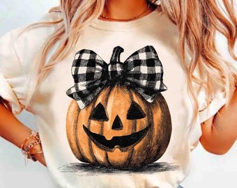 Retro Preppy Fall Pumpkin png, Halloween Jack O’ Lantern png, Ditsy Floral, Girly Autumn png, Checkered bow png, Checkered Halloween Png
