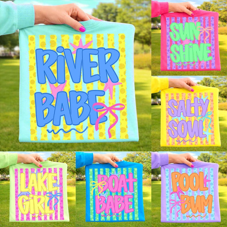 May include: A collection of six short-sleeved t-shirts in various colors, each featuring a vertical striped background with polka dots, pink starfish, and ribbon graphics. The shirts display text including River Babe, Sunshine, Salty Soul, Lake Girl, Boat Babe, and Pool Bum.
