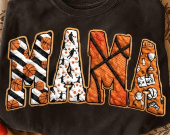 Basketball Mama PNG, Patchwork Sublimation Design, Checkerboard and Sports Print Letters, Trendy Game Day Mom Shirt PNG, Athletic Style PNG