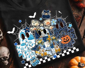 Retro Halloween Blue Denim Ghost Png, Trendy Patchwork Spooky Ghost Png, Cute Boo Ghost Coquette Png, Fall Pumpkin Png, Spooky Season Png