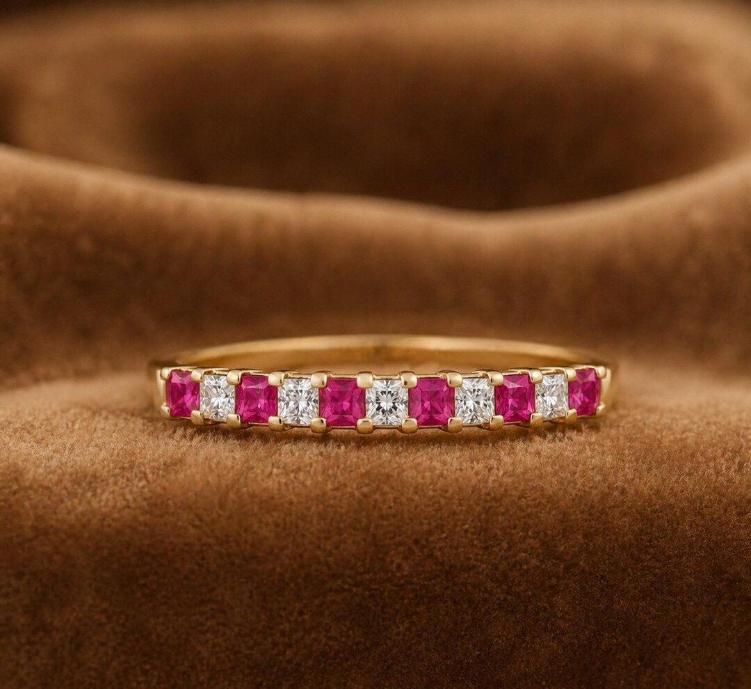 Square Ruby Diamond Half Eternity Ring, Alternating Ruby Diamond Band ...