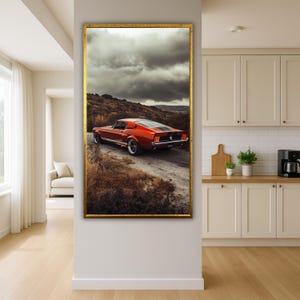 Crimson mustang - Vintage Auto Druck auf Leinwand | Kraft auf offener Straße