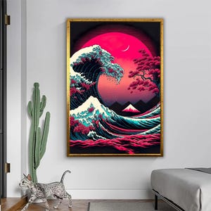 Ola ascendente y puesta de sol de Sakura - Impresión en lienzo de arte pop japonés: armonía neón de naturaleza y poder