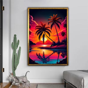 Tropical Sunset Canvas Art – Vibrant Beach Wall Decor – Retro Palm Tree Print