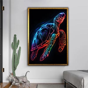 Neon Sea Turtle - Digital Art Canvas Print | A Dazzling Dance of Light Beneath the Waves