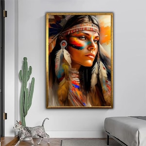 Tribal Woman Wall Art – Native Spirit Canvas Print – Colorful Boho Portrait Decor