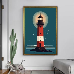Faro - Impresión en lienzo de estilo minimalista / Luz tranquila en el mar