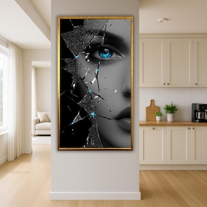 Shattered Gaze - Surreal Portrait Canvas Print | Blue Eye in Broken Glass