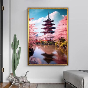 Cherry Blossom Temple - Japanese Landscape Canvas  Serenity in Pink Petals