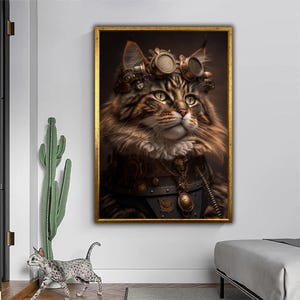 Steampunk Cat Canvas Art – Fantasy Feline Wall Decor – Gothic Steampunk Print
