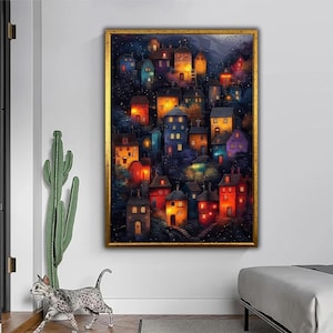 Enchanted Village – Whimsical Style Canvas Print | Lanterns Dancing Under Starlight