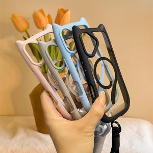 3D Cat Ear MagSafe Case with Chain Strap – Clear Armor Cover for iPhone 11 12 13 14 15 16 Pro Max Plus