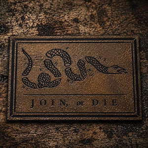 May include: A rectangular bronze-toned plaque featuring a relief illustration of a segmented snake with the letters NC, SC, V, M, P, NJ, NY, and NE positioned along its body, and the text JOIN, or DIE inscribed in capital letters below.