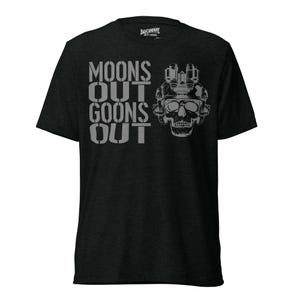 May include: Dark gray t-shirt with the text "MOONS OUT GOONS OUT" in gray block letters. A skull wearing night vision goggles is printed on the right side. The shirt has a crew neck and short sleeves.