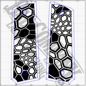 Puede incluir: Dos paneles estampados en blanco y negro con un diseño de panal. Los paneles tienen una parte superior curva y una forma rectangular con bordes redondeados. Cada panel tiene tres agujeros circulares.