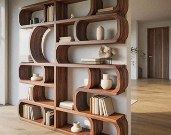 Modern Wooden Bookcase, Solid Wood Bookshelf, Curved Bookcase, Contemporary Display Shelf, Handmade Walnut Bookcase, Large Shelving Unit