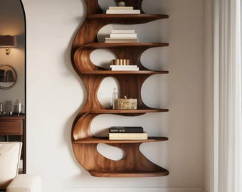 Moderne wandgemonteerde boekenplank, zwevende houten plank, massief houten boekenkast, handgemaakte sculpturale boekenplank, gebogen wandplank, displayplank