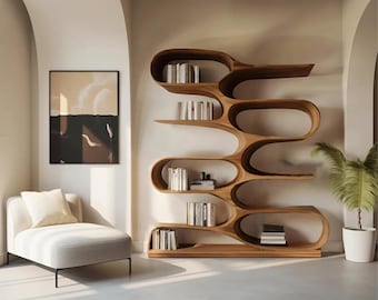 Moderne gebogen boekenplank, massief houten boekenkast, sculpturale houten plank, handgemaakte boekenkast display, eigentijdse opbergplank