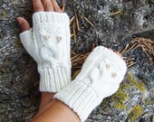 Cream White Owl Fingerless Mittens in Wool Alpaca Available in 20 Shades