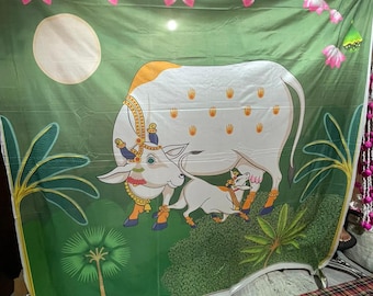 Conjunto menos 8*8 tela de fondo de vaca pichwai/tela de fondo de decoración de pichwai seeantham verde/telón de fondo de inauguración de la casa