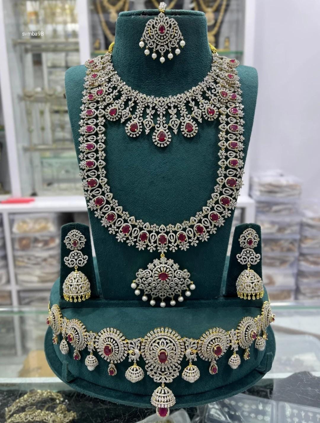 Gold Plated American Diamond Bridal Necklace Set With Long Haram