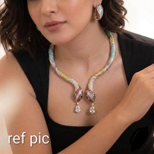 Cz american diamond celebrity inspired snake hasli necklace set with earrings/cz hasli/snake hasli set