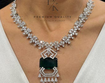 silver plated emerald american diamond statement necklace set with earrings/emerald necklace set