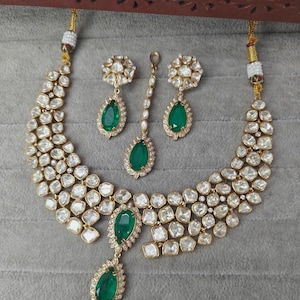 Sabyasachi inspired moissanute kundan polki emerald Ruby layered necklace set with earrings